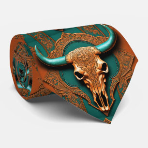 Rustic Terracotta Teal Western Country Bull SKull Neck Tie