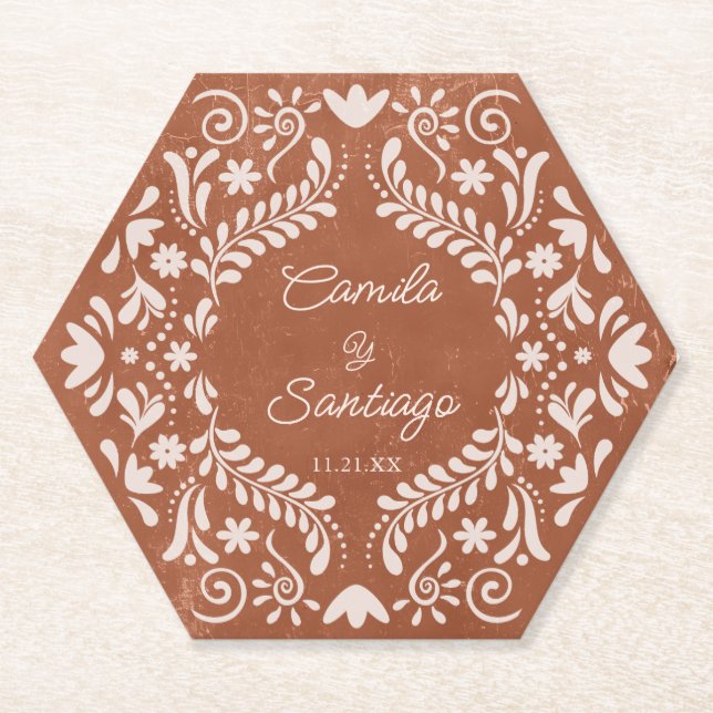 Rustic Terracotta Wedding Paper Coaster (Front)
