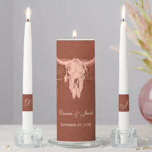 Rustic Terracotta Western Country Bull Cow Skull Unity Candle Set