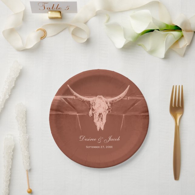 Rustic Terracotta Western Cow Skull Paper Plates (Wedding)