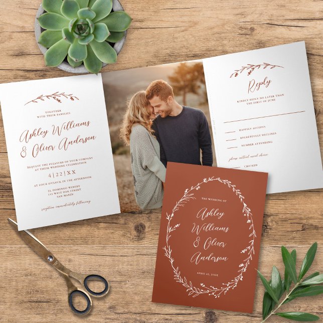 Rustic Terracotta Wildflower Boho Photo Wedding Tri-Fold Invitation (Creator Uploaded)