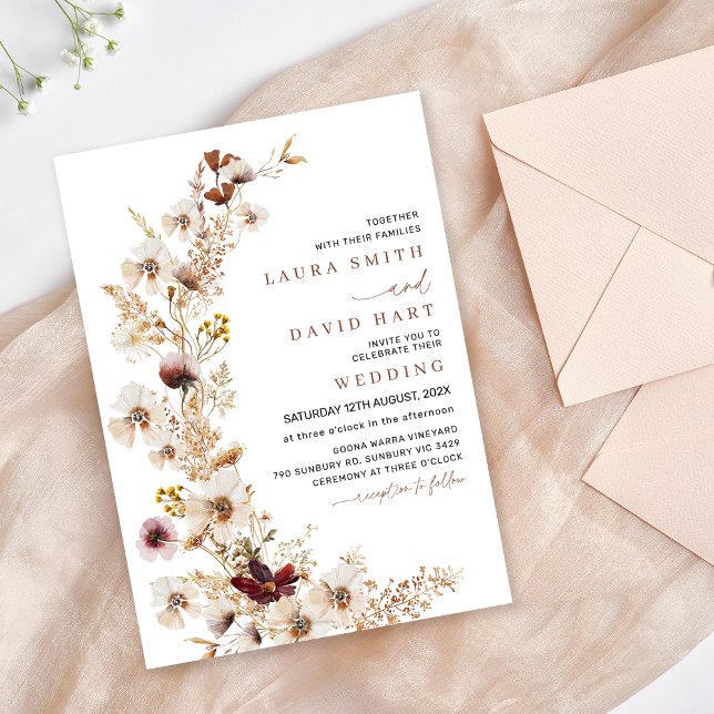 Rustic Terracotta Wildflowers Wedding Invitation (Rustic Wildflower Wedding Invitation Template, Modern Rustic Floral Wedding Invitation, Natural Tone)