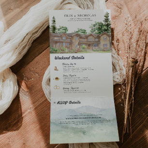 Rustic Teton Mountains Illustrated Wedding Tri-Fold Invitation