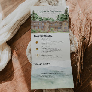Rustic Teton Mountains Illustrated Wedding Tri-Fold Invitation