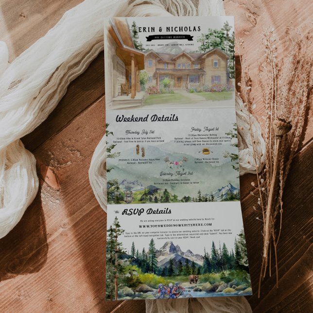 Rustic Teton Mountains | Illustrated Wedding Tri-Fold Invitation (Creator Uploaded)