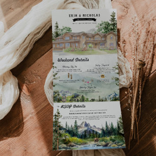 Rustic Teton Mountains Illustrated Wedding Tri-Fold Invitation