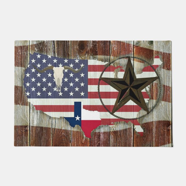 Rustic Texas Lone Star Texas Long Horn Doormat (Front)