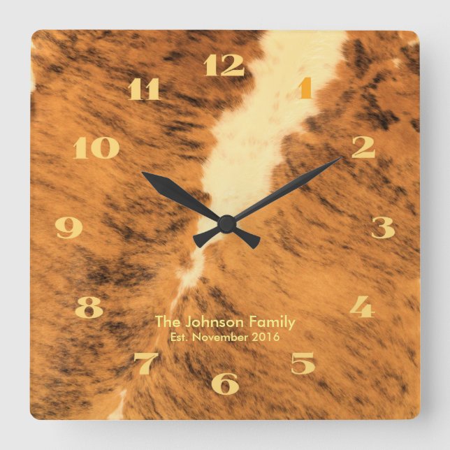 Rustic Texas Longhorn Leather Print Square Wall Clock (Front)