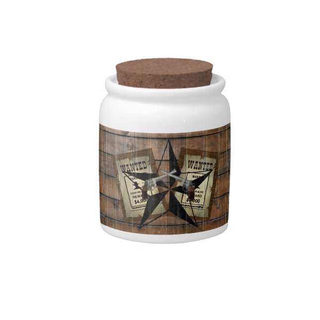 Rustic Texas Star Western Dual Pistols Wanted Sign Candy Jar (Front)
