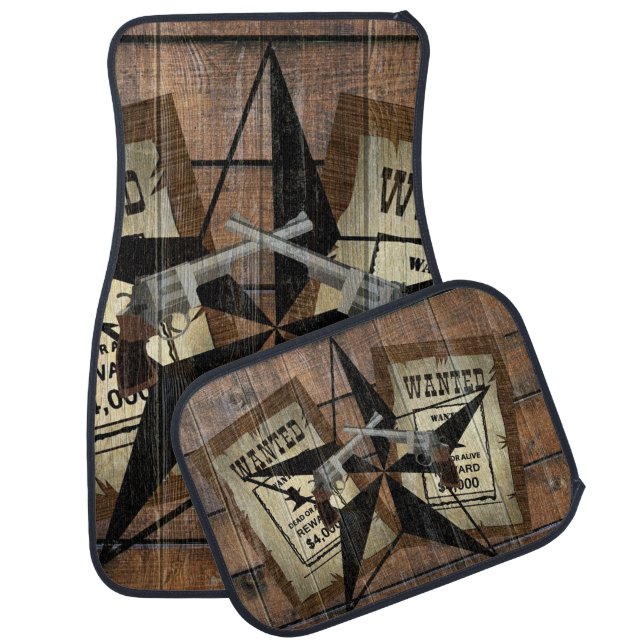 Rustic Texas Star Western Dual Pistols Wanted Sign Car Floor Mat (Set)
