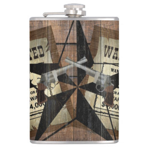 Rustic Texas Star Western Dual Pistols Wanted Sign Flask