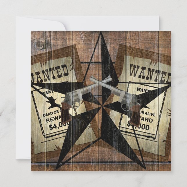 Rustic Texas Star Western Dual Pistols Wanted Sign Invitation (Front)