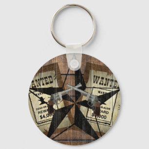 Rustic Texas Star Western Dual Pistols Wanted Sign Keychain
