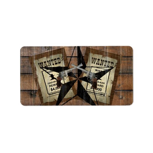 Rustic Texas Star Western Dual Pistols Wanted Sign Label