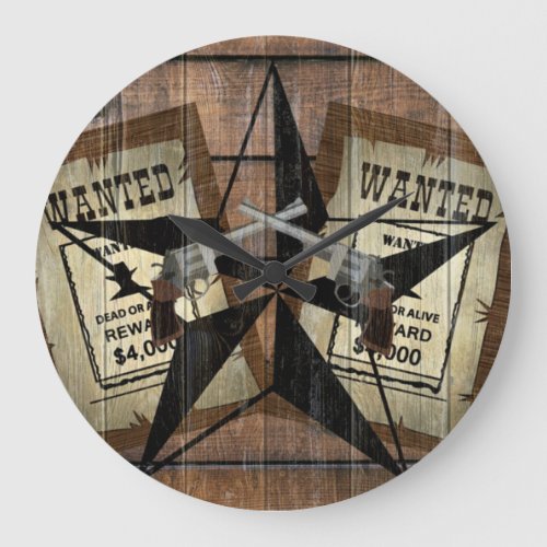 Rustic Texas Star Western Dual Pistols Wanted Sign Large Clock