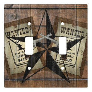 Rustic Texas Star Western Dual Pistols Wanted Sign Light Switch Cover