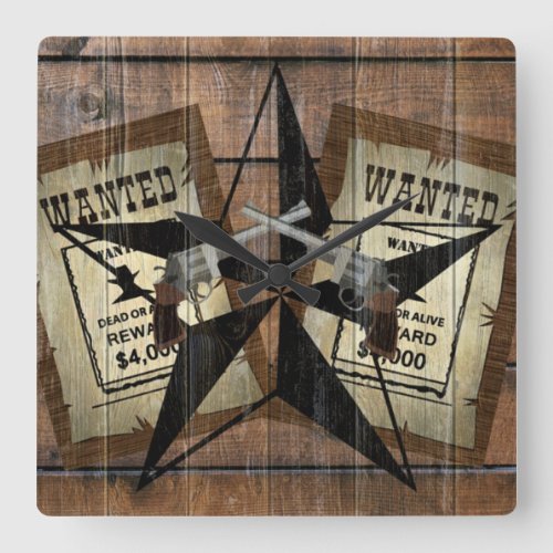 Rustic Texas Star Western Dual Pistols Wanted Sign Square Wall Clock