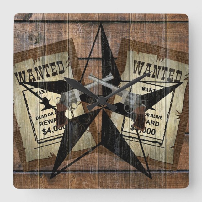 Rustic Texas Star Western Dual Pistols Wanted Sign Square Wall Clock (Front)