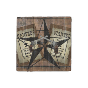 Rustic Texas Star Western Dual Pistols Wanted Sign Stone Magnet