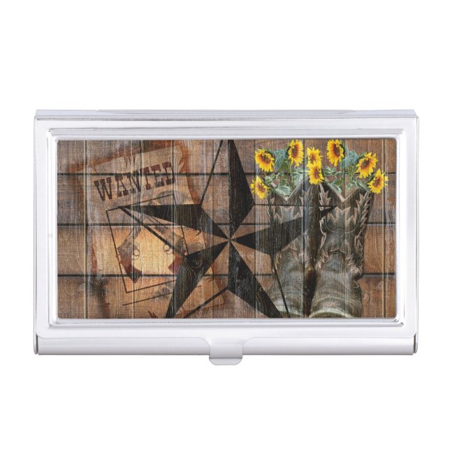 Rustic Texas Star Western Pistol Cowboy Boots Business Card Case (Front)