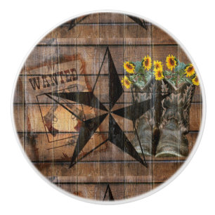 Rustic Texas Star Western Pistol Cowboy Boots Ceramic Knob