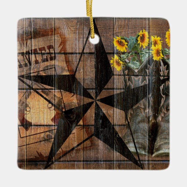 Rustic Texas Star Western Pistol Cowboy Boots Ceramic Ornament (Front)