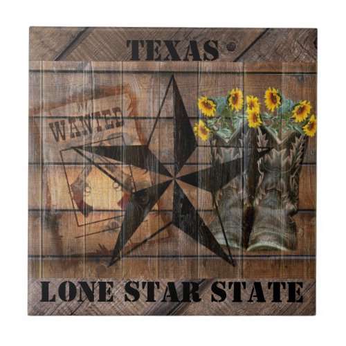 Rustic Texas Star Western Pistol Cowboy Boots Ceramic Tile