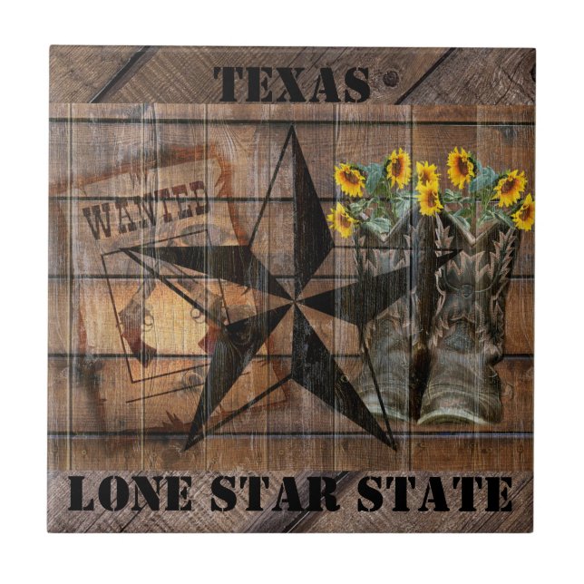 Rustic Texas Star Western Pistol Cowboy Boots Ceramic Tile (Front)