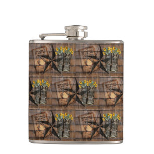 Rustic Texas Star Western Pistol Cowboy Boots Flas Flask