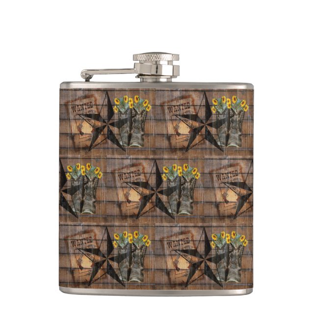 Rustic Texas Star Western Pistol Cowboy Boots Flas Flask (Front)