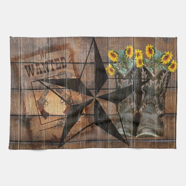 Rustic Texas Star Western Pistol Cowboy Boots Kitchen Towel (Horizontal)