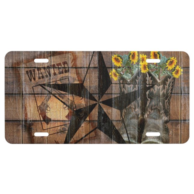 Rustic Texas Star Western Pistol Cowboy Boots License Plate (Front)