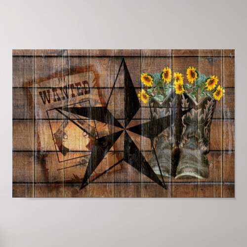 Rustic Texas Star Western Pistol Cowboy Boots Poster