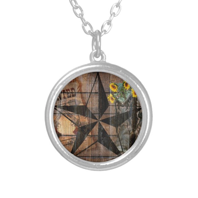 Rustic Texas Star Western Pistol Cowboy Boots Silver Plated Necklace (Front)