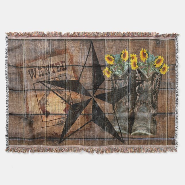 Rustic Texas Star Western Pistol Cowboy Boots Throw Blanket (Front)
