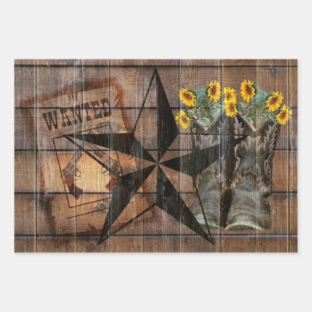 Rustic Texas Star Western Pistol Cowboy Boots Wrapping Paper Sheets (Front)