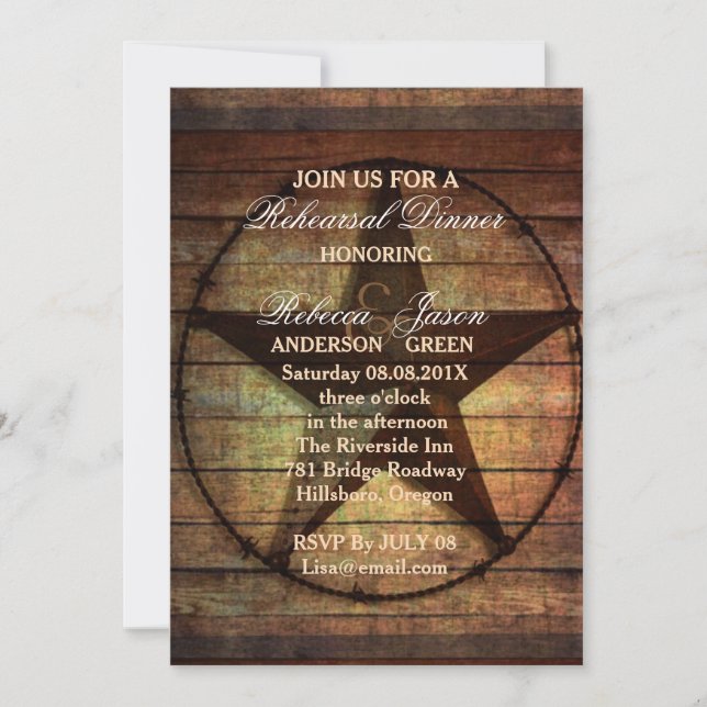 rustic texas star western wedding rehearsal dinner invitation (Front)