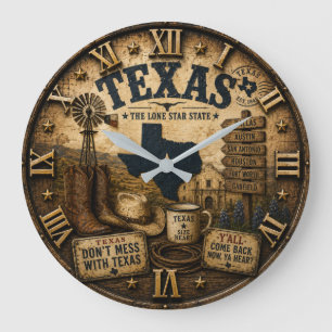 Rustic Texas Western Cowboy Lone Star State Large Clock