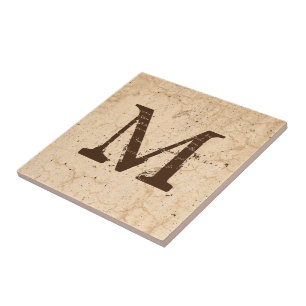 Rustic Texture Country Farmhouse Beige Monogrammed Ceramic Tile