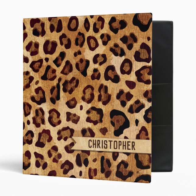 Rustic Texture Leopard Print Add Name 3 Ring Binder (Front/Inside)