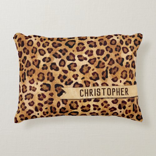 Rustic Texture Leopard Print Add Name Accent Pillow