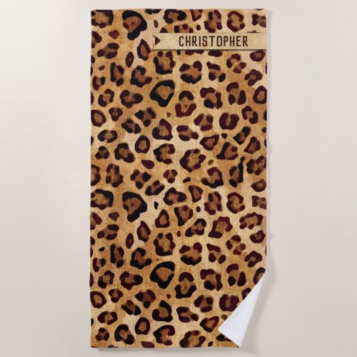 Rustic Texture Leopard Print Add Name Beach Towel