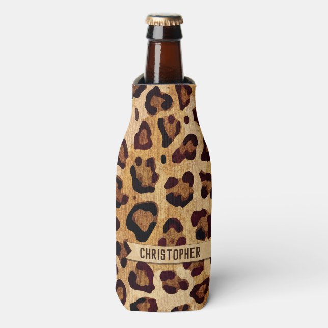 Rustic Texture Leopard Print Add Name Bottle Cooler (Bottle Front)