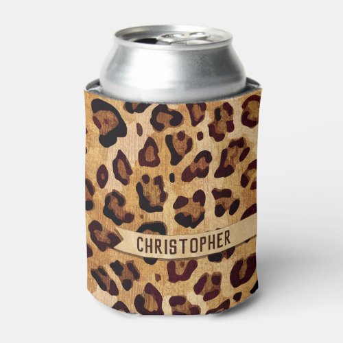 Rustic Texture Leopard Print Add Name Can Cooler