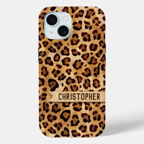 Rustic Texture Leopard Print Add Name iPhone 15 Case