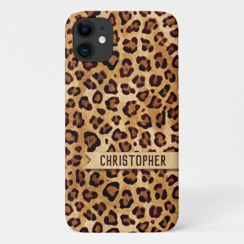 Rustic Texture Leopard Print Add Name iPhone 11 Case