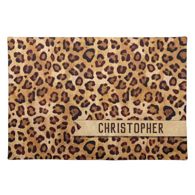 Rustic Texture Leopard Print Add Name Cloth Placemat (Front)