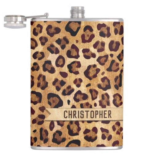 Rustic Texture Leopard Print Add Name Flask