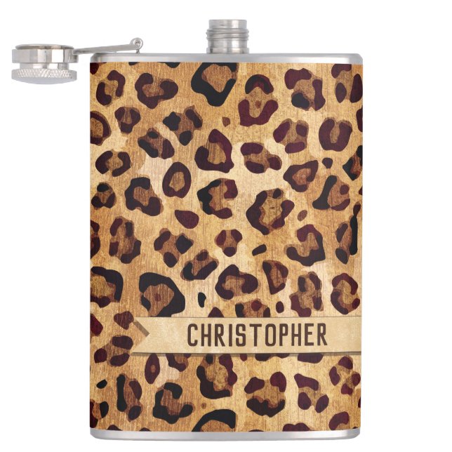 Rustic Texture Leopard Print Add Name Flask (Opened)