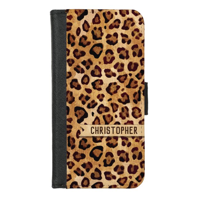 Rustic Texture Leopard Print Add Name iPhone Wallet Case (Front)